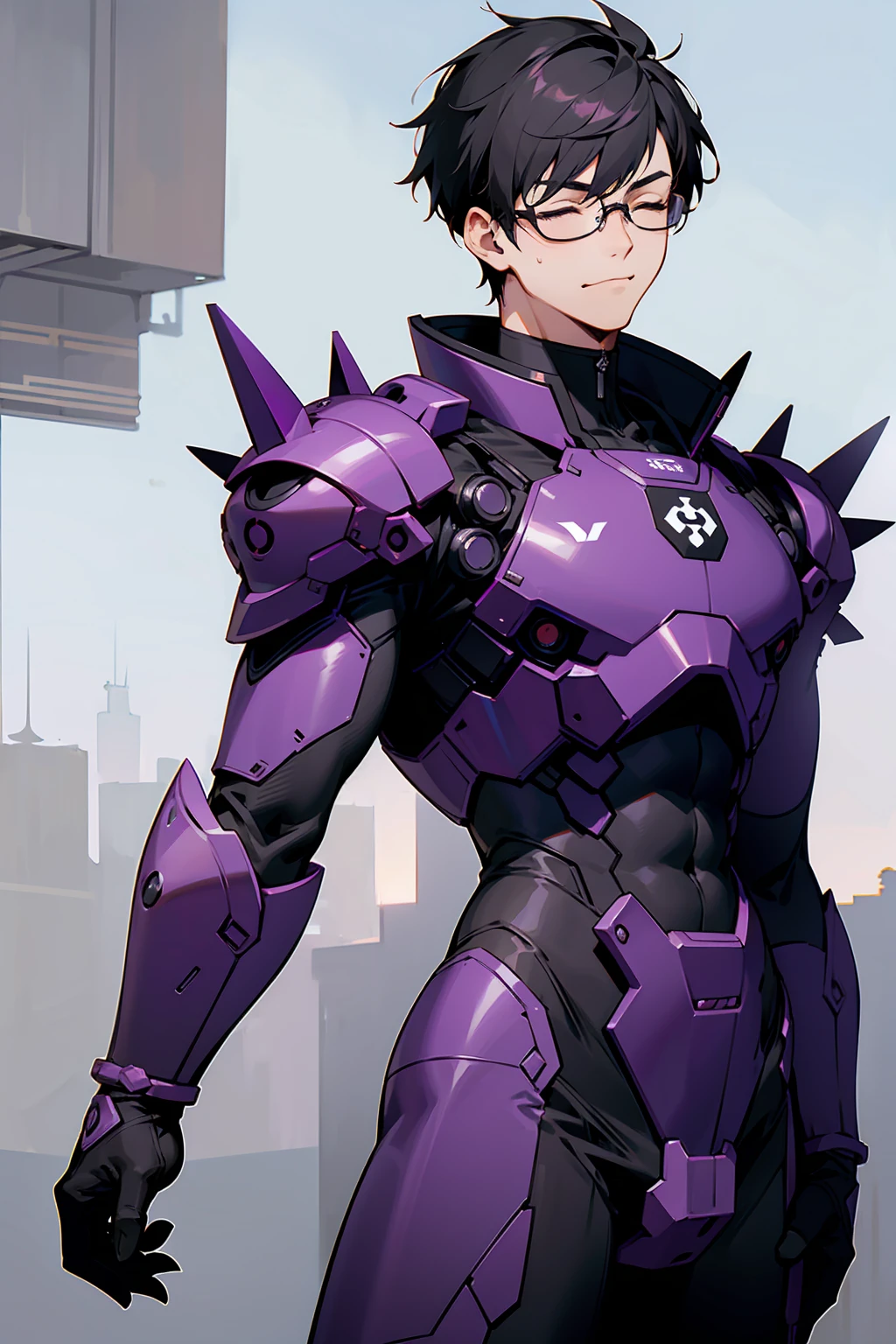 1male, Young Adult, Dark Violet, Eyes Closed, Short Hair, Spikey Hair, Dojo Background, Slight Smile, Glasses, Standing In City, Detailed background, Black and White Combat Suit
