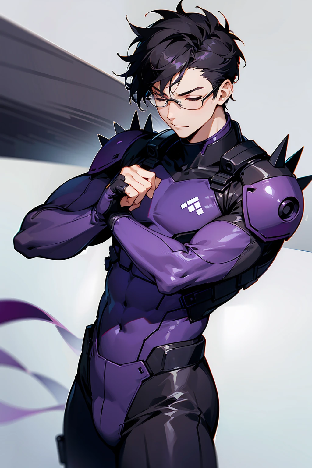 1male, Young Adult, Dark Violet, Eyes Closed, Short Hair, Spikey Hair, Dojo Background, Slight Smile, Glasses, Standing In City, Detailed background, Black and White Combat Suit