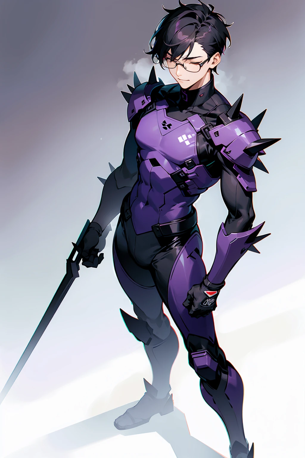 1male, Young Adult, Dark Violet, Eyes Closed, Short Hair, Spikey Hair, Dojo Background, Slight Smile, Glasses, Standing In City, Detailed background, Black and White Combat Suit