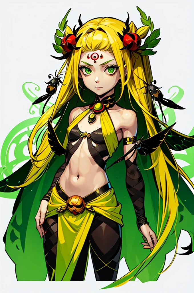 1girl, chibi girl with arachnid body, (spider abdomen), 10 years old, hairy thin long spider legs, dragonfly wings, moth antenas on head, blonde long hair, yellow hair, green clothes, green eyes, flat chest, hades style, hadesstyle, hades2style, hades 2 style