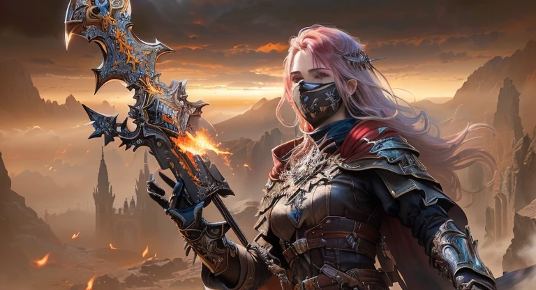 un primer plano de una persona sosteniendo una arma en un campo, ((((Super detail))), High details fantasy art 4k, (((16k))), cabello rojo, pelo sobre el hombro, flequillo lateral, Ilustraciones de Guildwar, anime rudo 8k, Arte digital 4k muy detallado, aguas sagradas, arte conceptual digital de alta calidad, fantasy art 8k, HD epic fantasy art style, del linaje 2, aguas sagradas in style of wlop, fondo de pantalla HD