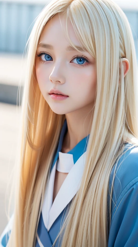 Beautiful girl with a pretty face、beautiful blonde straight super long hair、Half Body Shot、Beautiful long bangs hanging over the face、Very beautiful, bright, pale sky blue eyes、Very big eyes、Blonde hair between the eyes、Round face、Blonde hair above the eyes、片Blonde hair above the eyes、、Sailor suit、Very white and young skin、Cheek gloss、Cheek highlighter、Small Face Beauty
