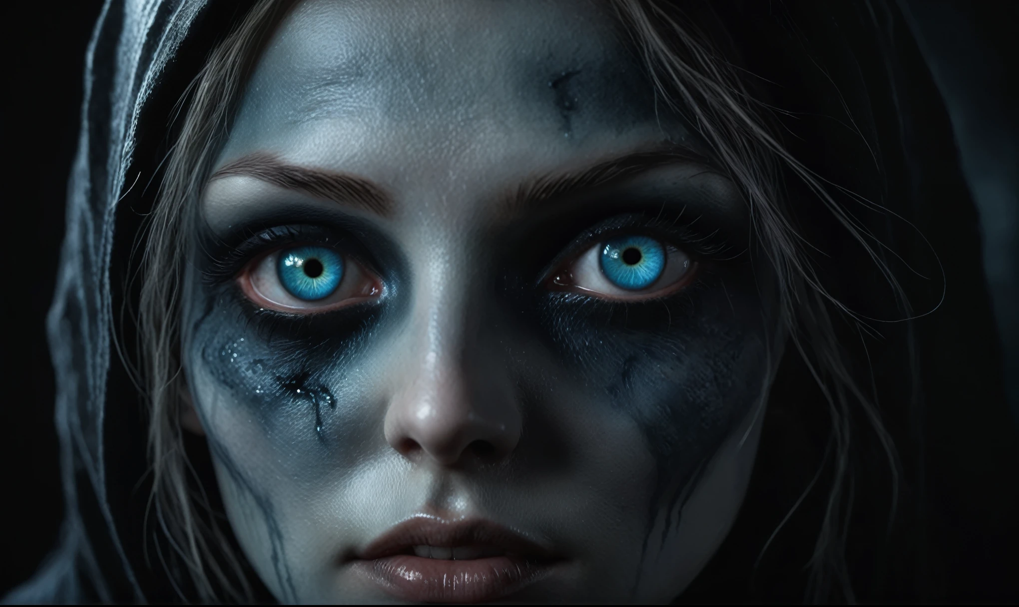 (((creature with a spectral and ghostly appearance)). Her skin is pale, almost translucent. His eyes shine with a bluish glow, he wears dark, torn clothes that float around him, as if permeated by an aura of mourning. Its appearance is complemented by details such symbols of mourning and gothic elements, further emphasizing its dark air. is portrayed as a haunted and tormented entity,{creature},face pretty face,extremely detailed,intricate details,eyes extremely detailed, high detailed eyes,16k resolution, realistic humid skin,extremely intricate details,Epic Realistic,face anatomically correct,Ultra HD,HDR, natural skin textures, hyper realism,realistic skin texture, hyper detailed,extremely Realism,Ultra Detailed,body logically correct