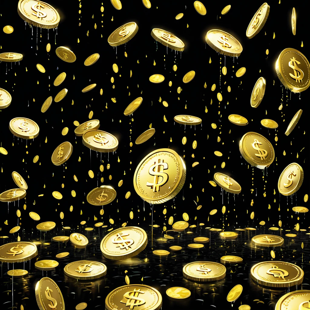 a close up of a pattern of Dollar signs and symbols, dollar rain, Print currency symbols, Scattered gold coins, money falling from the sky, Dollar sign, Dollar sign pupils, Denominated in US dollars!! glow, Portrait background, on solid black background, Icon Mode, There are many gold coins, Random background scenes, Surreal black and, money