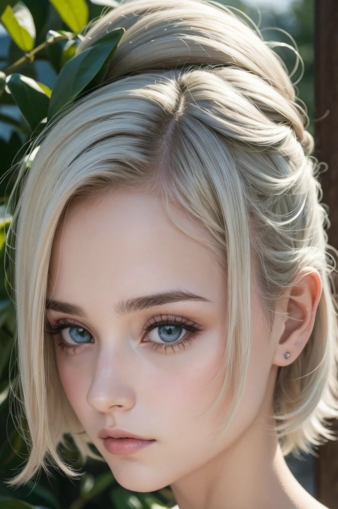 Rosto redondo.
Olhos verdes cinzentos e olhar marcante.
Cabelo loiro escuro.
Branca como a neve.
Cabelo longo