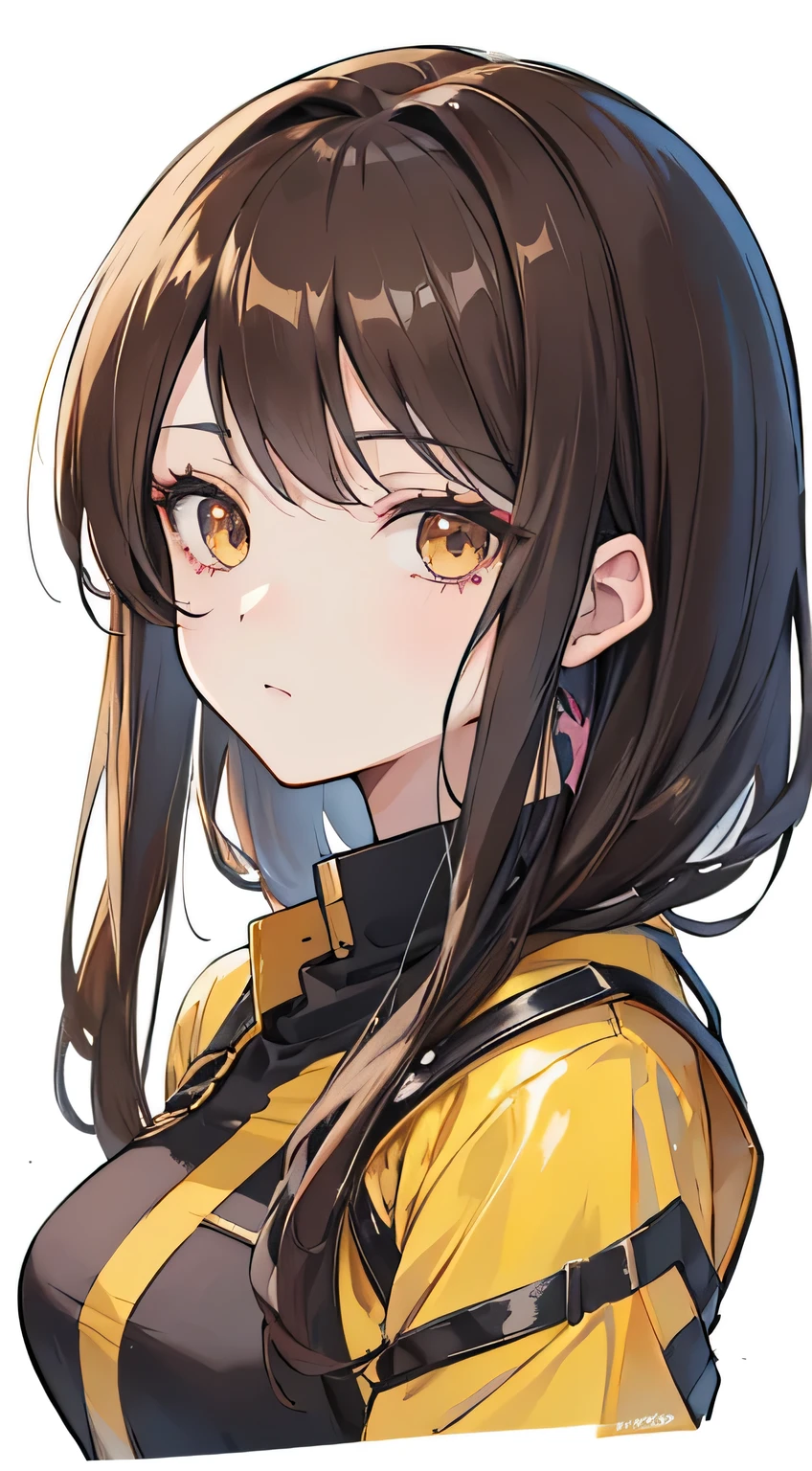 （（Elaborate Eyes）），（black and gold clothing），( (anime girl with golden colored in the right eye) ) ( (dark gray eye in the left eye) ) ( ( star pupil in the left eye) ),  ( (  dark brown hair in the half right side of hair) ), ( (light brown hair in the half left side of hair ) ), ( (split dyed hair ) ) Cangcang, style of anime4 K, Perfect dark and light brown haired girl, detailed portrait of an anime girl, a beautiful anime portrait, Stunning anime face portrait, portrait anime girl,, 4K anime wallpaper, Anime art wallpaper 8 K, Portrait of an anime girl, 
