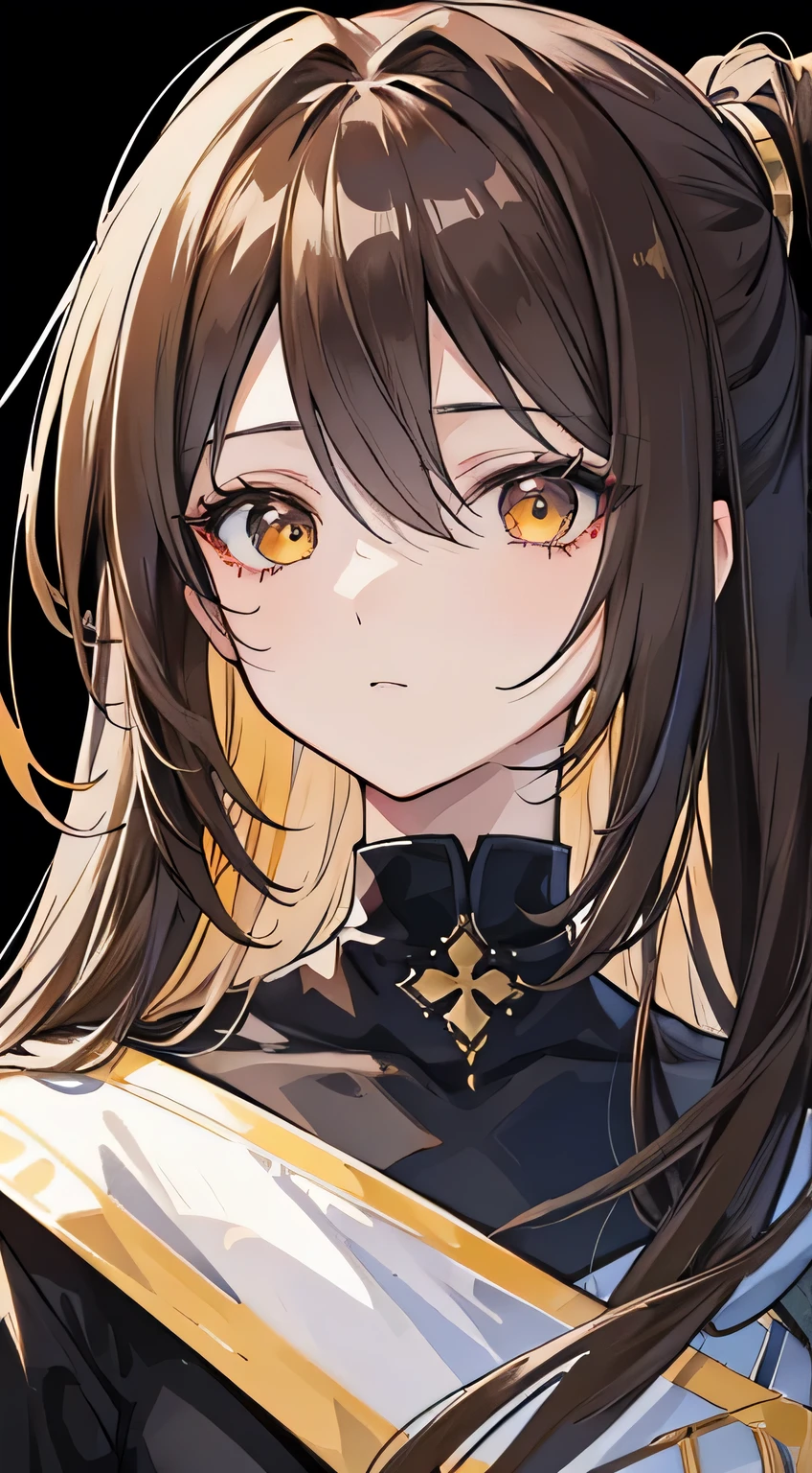 ((Elaborate Eyes)),(black and gold clothing),( (anime girl with golden colored in the right eye) ) ( (dark gray eye in the left eye) ) ( ( star pupil in the left eye) ), ( ( dark brown hair in the half right side of hair) ), ( (light brown hair in the half left side of hair ) ), ( (split dyed hair ) ) Cangcang, style of anime4 K, Perfect dark and light brown haired girl, detailed portrait of an anime girl, a beautiful anime portrait, Stunning anime face portrait, portrait anime girl,, 4K anime wallpaper, Anime art wallpaper 8 K, Portrait of an anime girl,