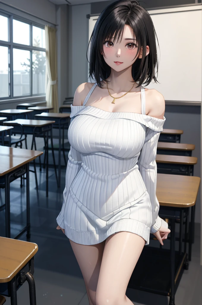 solo、Female college student、(Big Breasts、Big Tits)、(Black Hair、Very Short Hair、Boyish cut)、(White off-shoulder ribbed knit、white long sleeves white、White dress white、White Micro Mini White、White mesh panties)、Gold Necklace、(Bare thighs、Smooth thighs)、Black short boots、Stand with your legs spread wide、University、classroom
