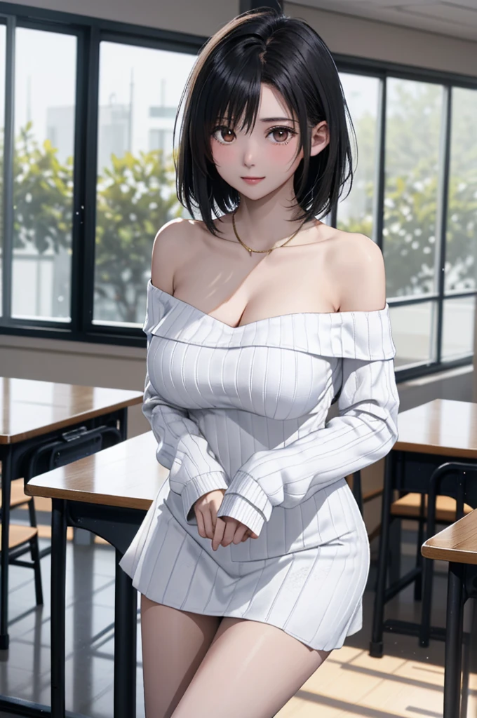 solo、Female college student、(Big Breasts、Big Tits)、(Black Hair、Very Short Hair、Boyish cut)、(White off-shoulder ribbed knit、white long sleeves white、White dress white、White Micro Mini White、White mesh panties)、Gold Necklace、(Bare thighs、Smooth thighs)、Black short boots、Stand with your legs spread wide、University、classroom