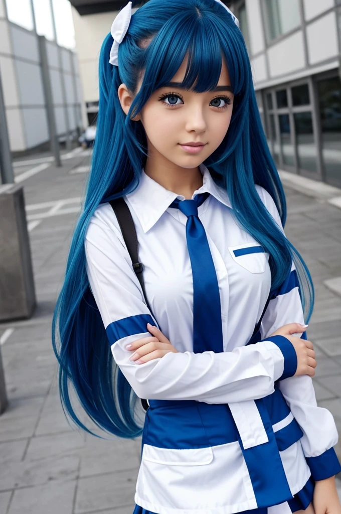 Una chica con cabello rizado y pelo azul marino, estilo hakyuu anime con uniforme de colegiala