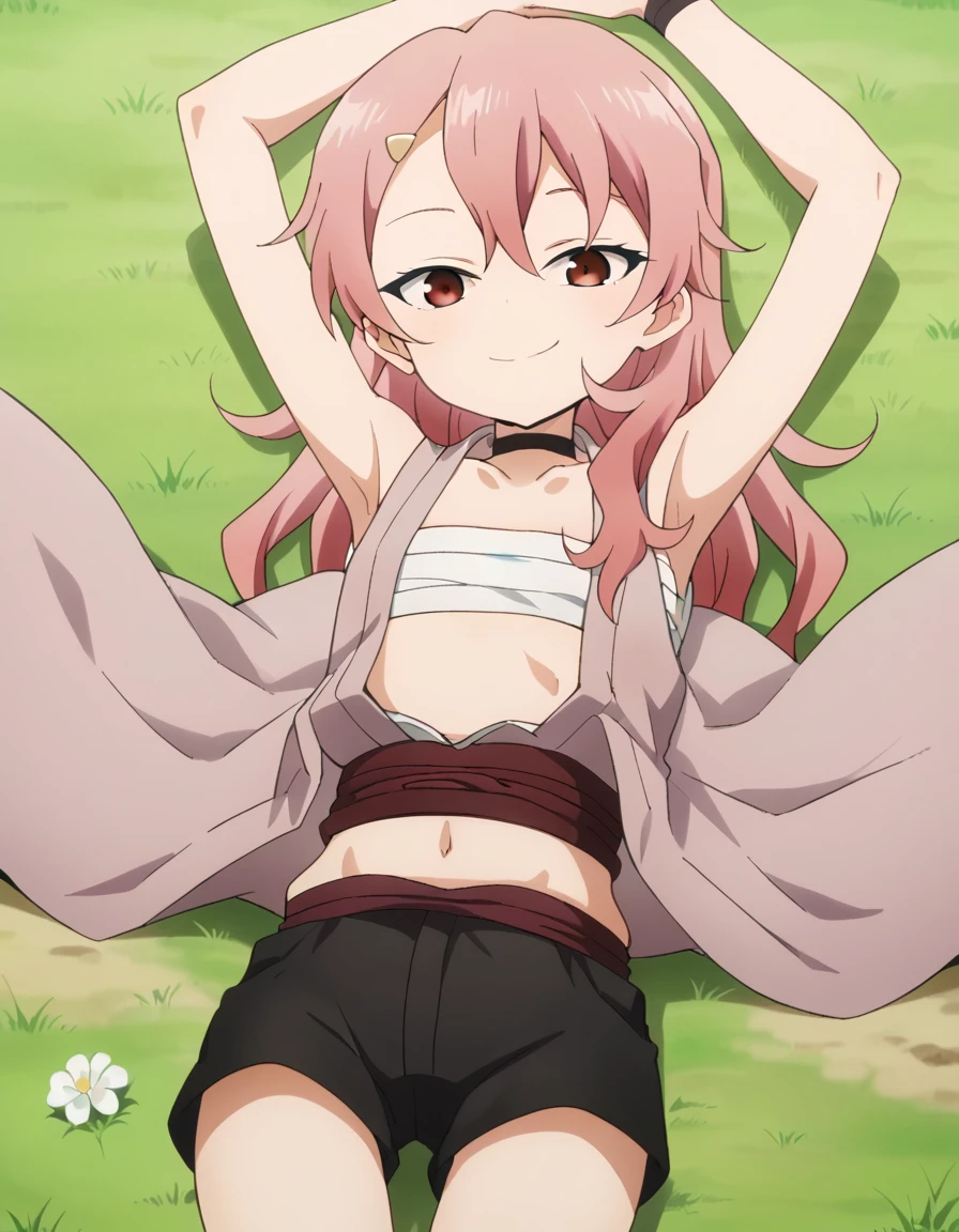 benisumomo, anime coloring ,BREAK source_anime, anime, long hair, hair ornament, red eyes, navel, pink hair, japanese clothes, choker, hairclip, flat chest, black choker, sarashi, chest sarashi, black shorts, high quality, solo, lying, on back, arms up, spread arms, closed mouth, on grass, cowboy shot, looking at viewer, smile, best quality