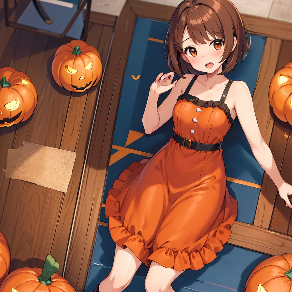 masterpiece, highest quality, High resolution, Gloria1, 1 Girl, Gloria\(Pokémon\), Brown Hair, , Brown Eyes, , Short Hair, , Bobcut, bangs, , 1Describe a girl carefully 1Girl Expression in love blush Open Mouth blush pumpkin Pumpkin Dresses Halloween