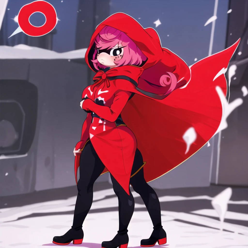 1girl, cape, full body, holding, red hooded cape, medium breasts, medium butt, pink hair, solo decently dressed, black tights, black tight pants, downed fur hood, tilted, high white boots, sexy, standing pose, hot sexy pose