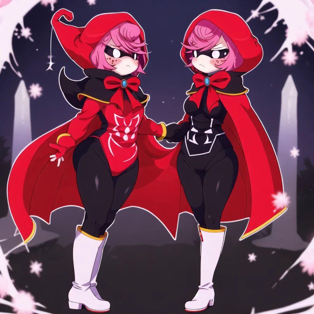 1girl, cape, full body, holding, red hooded cape, medium breasts, medium butt, pink hair, solo decently dressed, black tights, black tight pants, downed fur hood, tilted, high white boots, sexy, standing pose, hot sexy pose