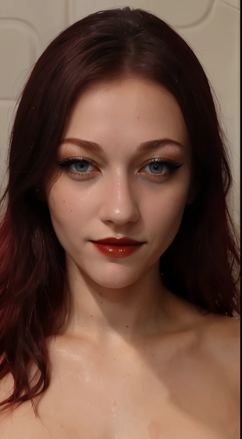 two person Kruzadar, nude, blood stain, oily skin, wet skin, makeup, dark red lipstick, mascara, wet makeup, wet mascara, blue eyes, red hair