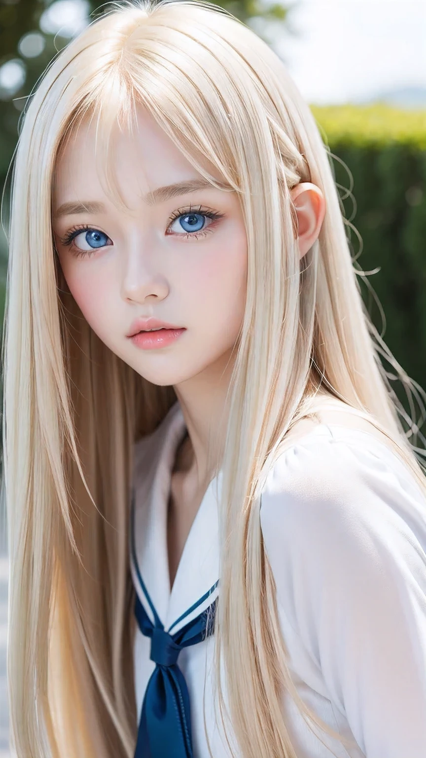 Beautiful girl with a pretty face、beautiful blonde straight super long hair、Half Body Shot、Beautiful long bangs hanging over the face、Very beautiful, bright, pale sky blue eyes、Very big eyes、Blonde hair between the eyes、Round face、Blonde hair above the eyes、片Blonde hair above the eyes、、Sailor suit、Very white and young skin、Cheek gloss、Cheek highlighter、Small Face Beauty