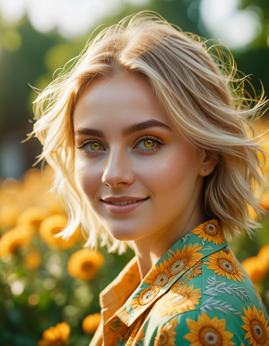 cinematic photo Cinematic image of an 18-year-old blonde woman with macroscopic patterns inspired by the sun. Bright hazel eyes. Highlight concentric circles, radiant sun rays and floral motifs on your clothing and background, using a summery palette of warm yellows, oranges and soft greens. smiling. Look for a serene expression and warm, diffuse lighting to emphasize delicate sun-inspired textures. Photorealistic cinema, 8k UHD natural lighting, raw, rich and intricate details, key visual, atmospheric lighting, 35mm photography, film, bokeh, professional, 4k, highly detailed. Shallow depth of field, vignette, highly detailed, high budget, bokeh, cinemascope, vibrant, epic, gorgeous, film grain, grainy, cinematic photorealistic, 8k uhd natural lighting, raw, rich and intricate details, key visual, atmospheric lighting, 35mm photography, film, bokeh, professional, 4k, highly detailed, cinematic, colorful background, concept art, 8k, dramatic lighting, high detail, highly detailed, hyper realistic, intricate, intricate sharp details, octane rendering, soft, lighting study, trend in artstation. . 35mm photography, film, bokeh, professional, 4k, highly detailed