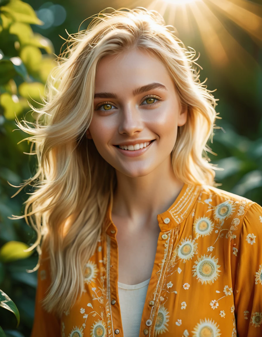cinematic photo Cinematic image of an 18-year-old blonde woman with macroscopic patterns inspired by the sun. Bright hazel eyes. Highlight concentric circles, radiant sun rays and floral motifs on your clothing and background, using a summery palette of warm yellows, oranges and soft greens. smiling. Look for a serene expression and warm, diffuse lighting to emphasize delicate sun-inspired textures. Photorealistic cinema, 8k UHD natural lighting, raw, rich and intricate details, key visual, atmospheric lighting, 35mm photography, film, bokeh, professional, 4k, highly detailed. Shallow depth of field, vignette, highly detailed, high budget, bokeh, cinemascope, vibrant, epic, gorgeous, film grain, grainy, cinematic photorealistic, 8k uhd natural lighting, raw, rich and intricate details, key visual, atmospheric lighting, 35mm photography, film, bokeh, professional, 4k, highly detailed, cinematic, colorful background, concept art, 8k, dramatic lighting, high detail, highly detailed, hyper realistic, intricate, intricate sharp details, octane rendering, soft, lighting study, trend in artstation. . 35mm photography, film, bokeh, professional, 4k, highly detailed
