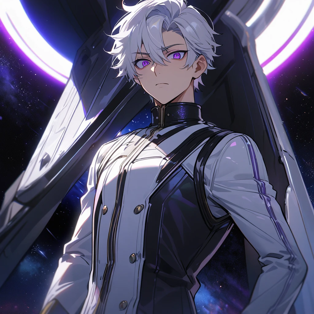 High quality, HD, 4k, handsome male, 1male, , teenager, go lining, short white hair, sharp eyes, dark purple eyes, deep purple eyes, devil may cry, close up, calm expression, stoic expression, black leather clothes, white leather clothing, lean body, upper body, looking at viewer, cowboy shot, white solar, space background