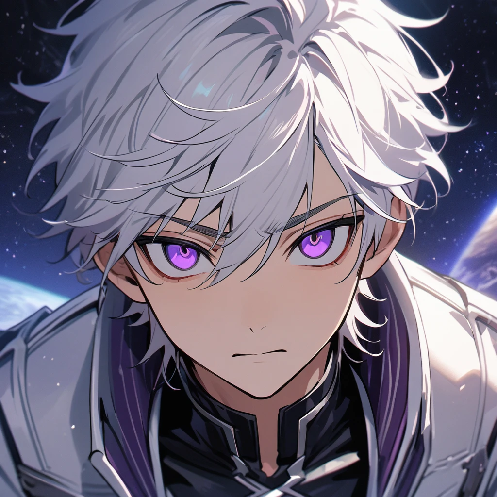 High quality, HD, 4k, handsome male, 1male, 17 years old, teenager, golden lining, short white hair, sharp eyes, dark purple eyes, deep purple eyes, devil may cry, close up, calm expression, stoic expression, black leather clothes, white leather clothing, lean body, upper body, looking at viewer, cowboy shot, white solar, space background