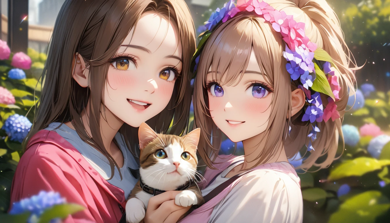 Hydrangea Park, Cute casual clothes,Holding a cat,Blur the background,High school girls,ponytail,smile,Glitter effect,highest quality, 4K, 8k, High resolution, masterpiece:1.2, Very detailed, Realistic:1.37, High resolution, 超High resolution, Ultra-fine painting, Sharp focus, Physically Based Rendering, Very detailedな説明, Professional, Vibrant colors