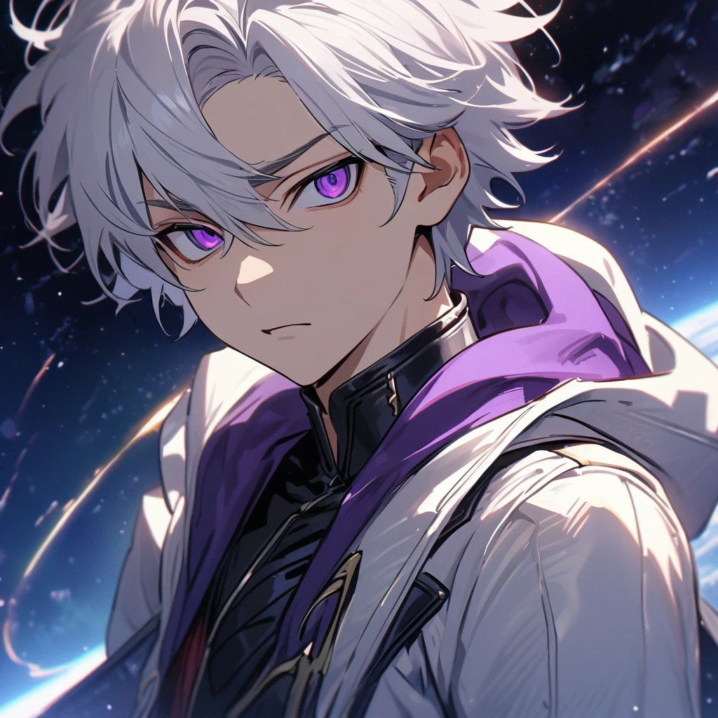 High quality, HD, 4k, handsome male, 1male, s old, teenager, golden lining, short white hair, sharp eyes, dark purple eyes, deep purple eyes, devil may cry, close up, calm expression, stoic expression, black leather clothes, white leather clothing, lean body, upper body, looking at viewer, cowboy shot, white solar, space background