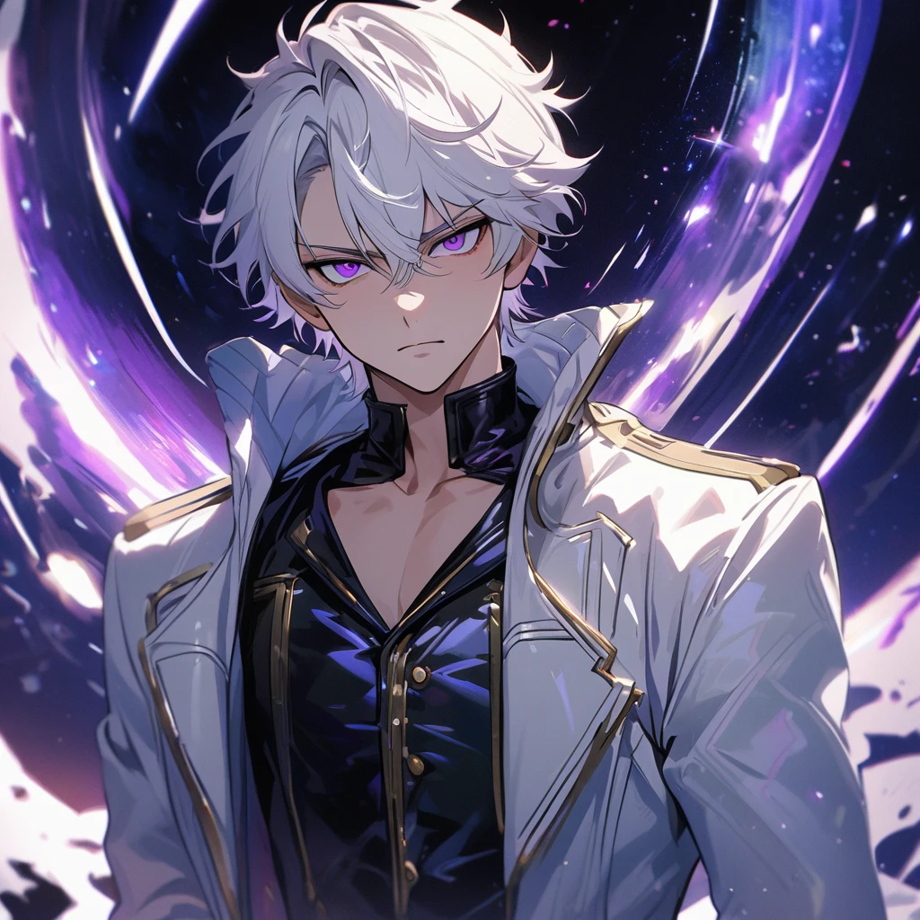 High quality, HD, 4k, handsome male, 1male, 17 years old, teenager, golden lining, short white hair, sharp eyes, dark purple eyes, deep purple eyes, devil may cry, close up, calm expression, stoic expression, black leather clothes, white leather clothing, lean body, upper body, looking at viewer, cowboy shot, white solar, space background