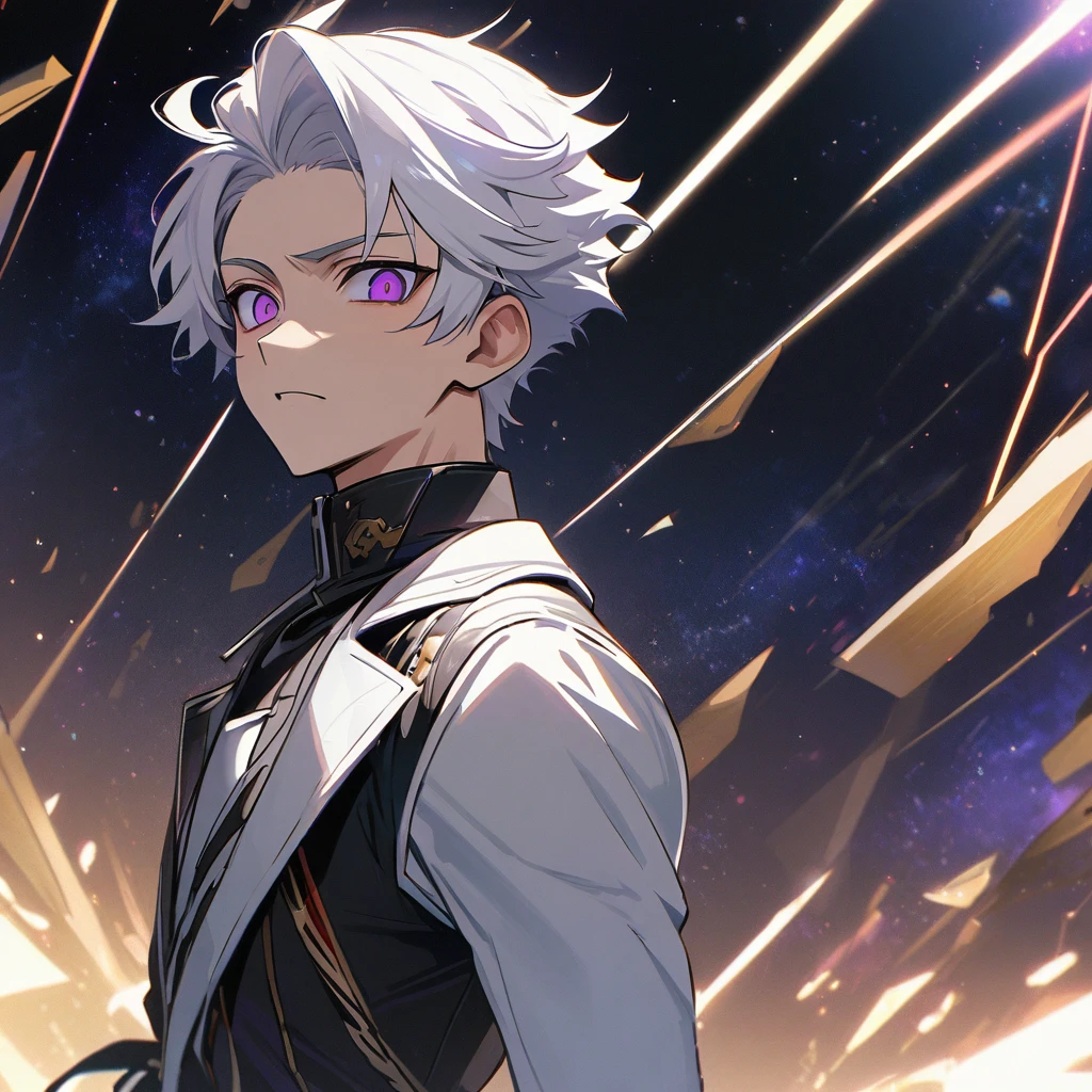 High quality, HD, 4k, handsome male, 1male, 17 years old, teenager, golden lining, short white hair, sharp eyes, dark purple eyes, deep purple eyes, devil may cry, close up, calm expression, stoic expression, black leather clothes, white leather clothing, lean body, upper body, looking at viewer, cowboy shot, white solar, space background