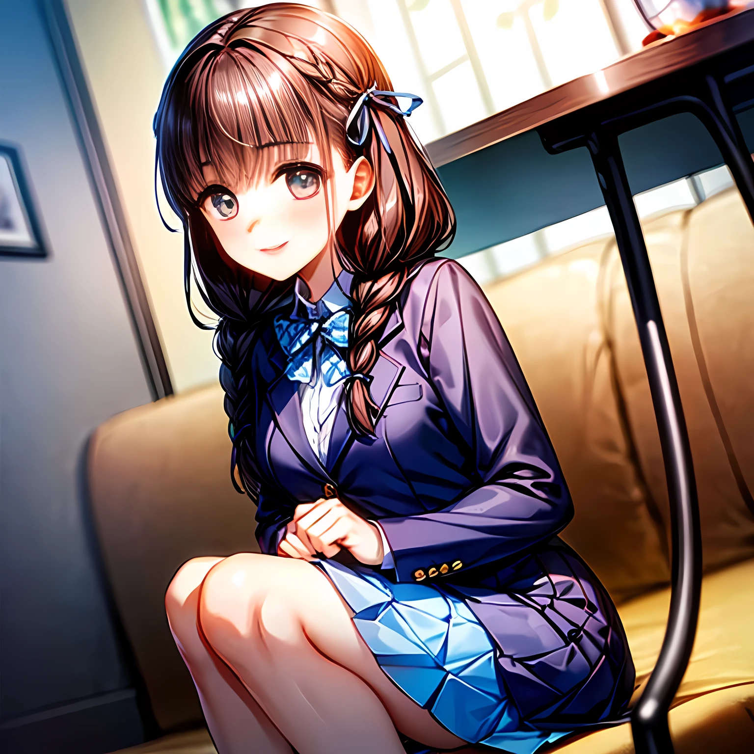 (highest quality, masterpiece:1.2), highest quality, High resolution, 1080p, 8K, Height: 158cm, ((Vivid, high-definition game CG)), ((Like a beautiful girl dreaming of a game heroine、A very intelligent, very noble, pretty and neat beautiful girl is sitting、Turning to the side and showing her best smile)), He tries to hide his shocked mouth with his hands., A face that everyone loves, Glossy lips, Even bangs, Double, Long eyelashes on both the top and bottom, Detailed smiling blue eyes, The pupils are very large, The very large red shiny wide ribbon bowtie is very cute., ((Black Hair)), ((long twin braids)), (((A neat and tidy checkered pleated skirt with a navy blue check pattern that covers the knees.))), (((Dark blue winter long sleeve blazer))), How to wear a neat uniform, Extremely lustrous, shiny game heroine lips, Mouth open, Ribbon in hair, Tight waist, slender, The ribbon is big and very pretty., Beautiful hair like a hair model, The background is pure white space, The long skirt covers the knees