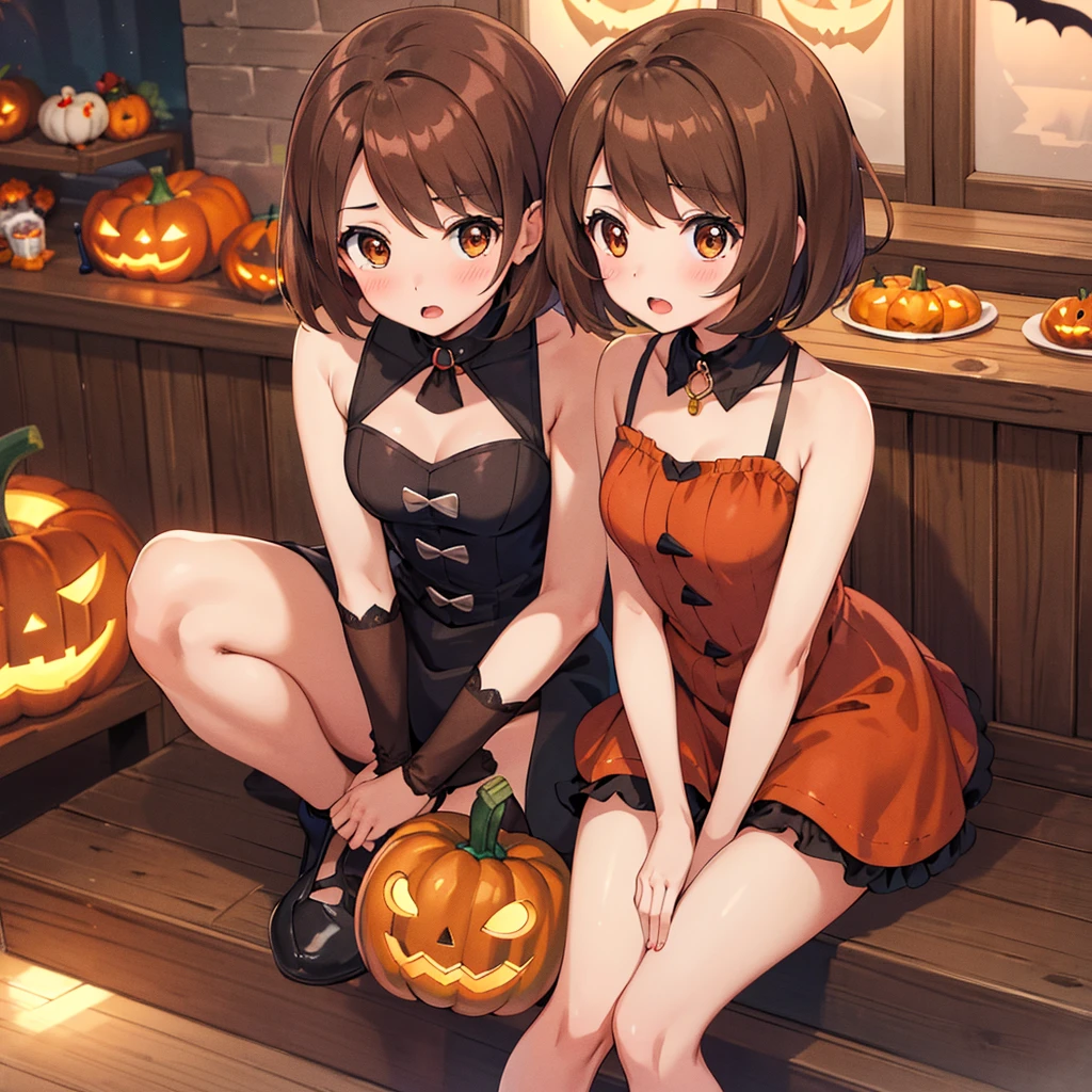 masterpiece, highest quality, High resolution, Gloria1, 1 Girl, Gloria\(Pokémon\), Brown Hair, , Brown Eyes, , Short Hair, , Bobcut, bangs, , 1Describe a girl carefully 1Girl Expression in love blush Open Mouth blush pumpkin Pumpkin Dresses Halloween In town