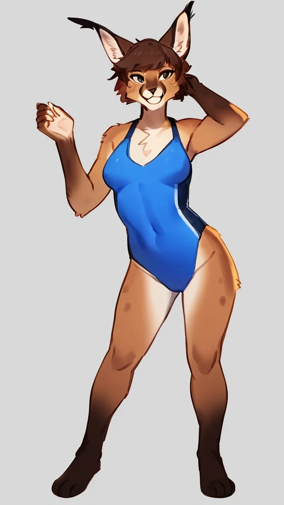 By bebebebebe, by lostgoose, by goonie-san, solo, standing, female, caracal, delgada sexy, hair, smiling, happy,; swimsuit