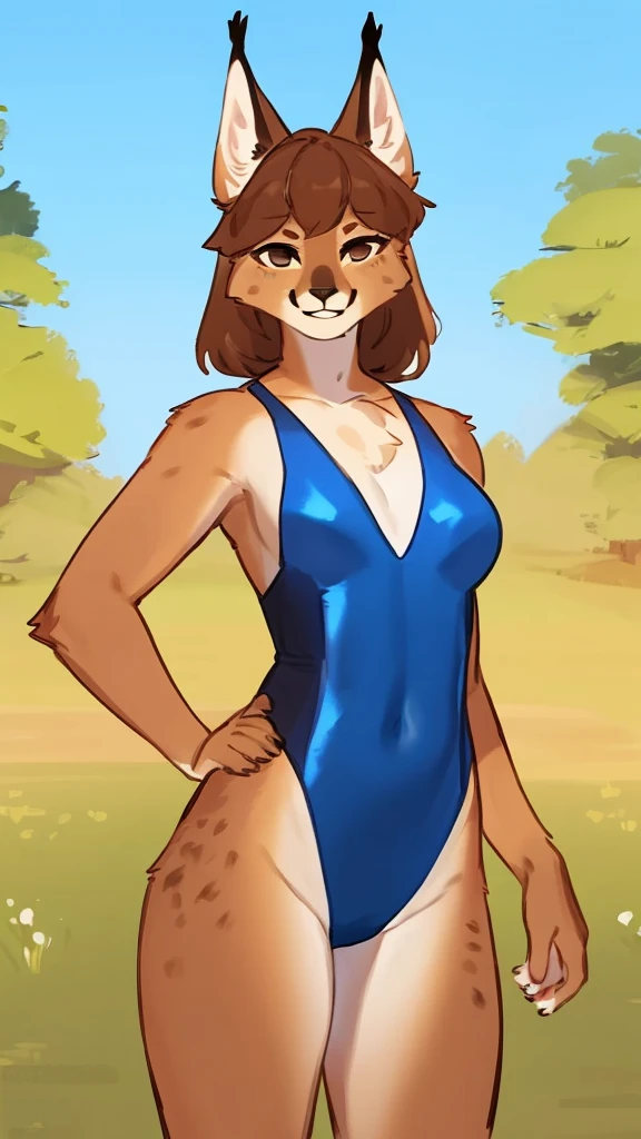 By bebebebebe, by lostgoose, by goonie-san, solo, standing, female, caracal, delgada sexy, hair, smiling, happy,; swimsuit