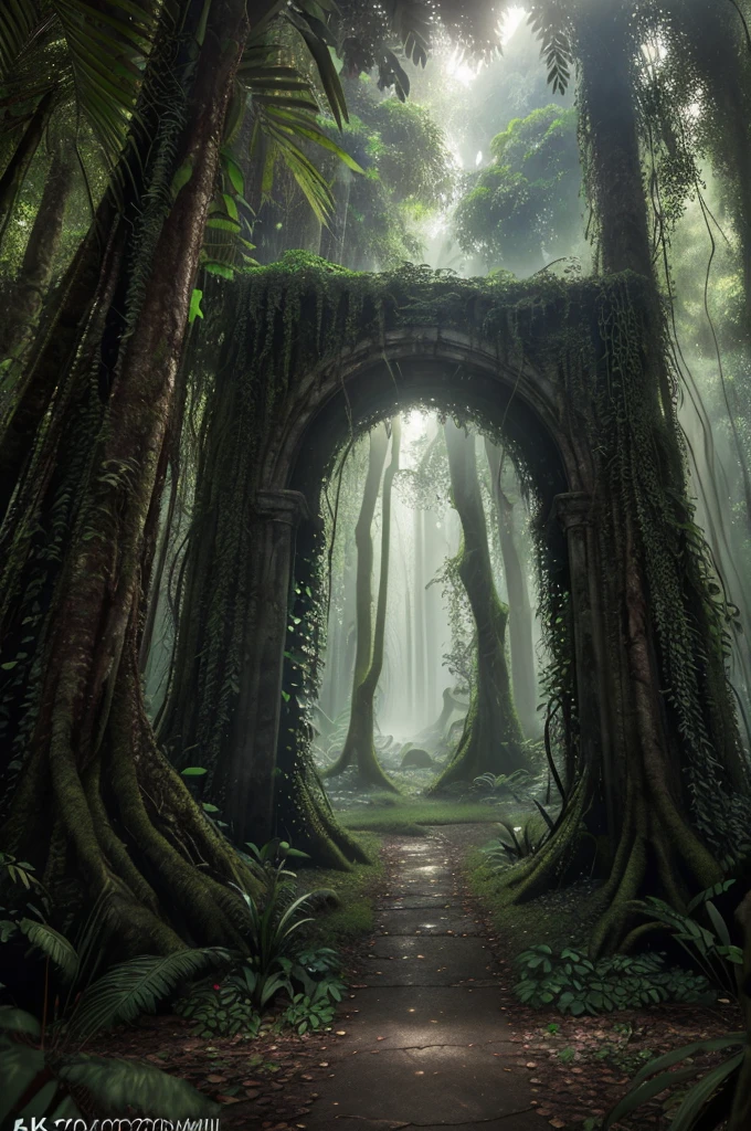(best quality,4k,8k,highres,masterpiece:1.2),ultra-detailed,(realistic,photorealistic,photo-realistic:1.37),dramatic lighting,moody atmosphere,lush rainforest,ancient ruins,mysterious portal,terrifying creature,intricate details,cinematic composition,vibrant colors,dramatic shadows