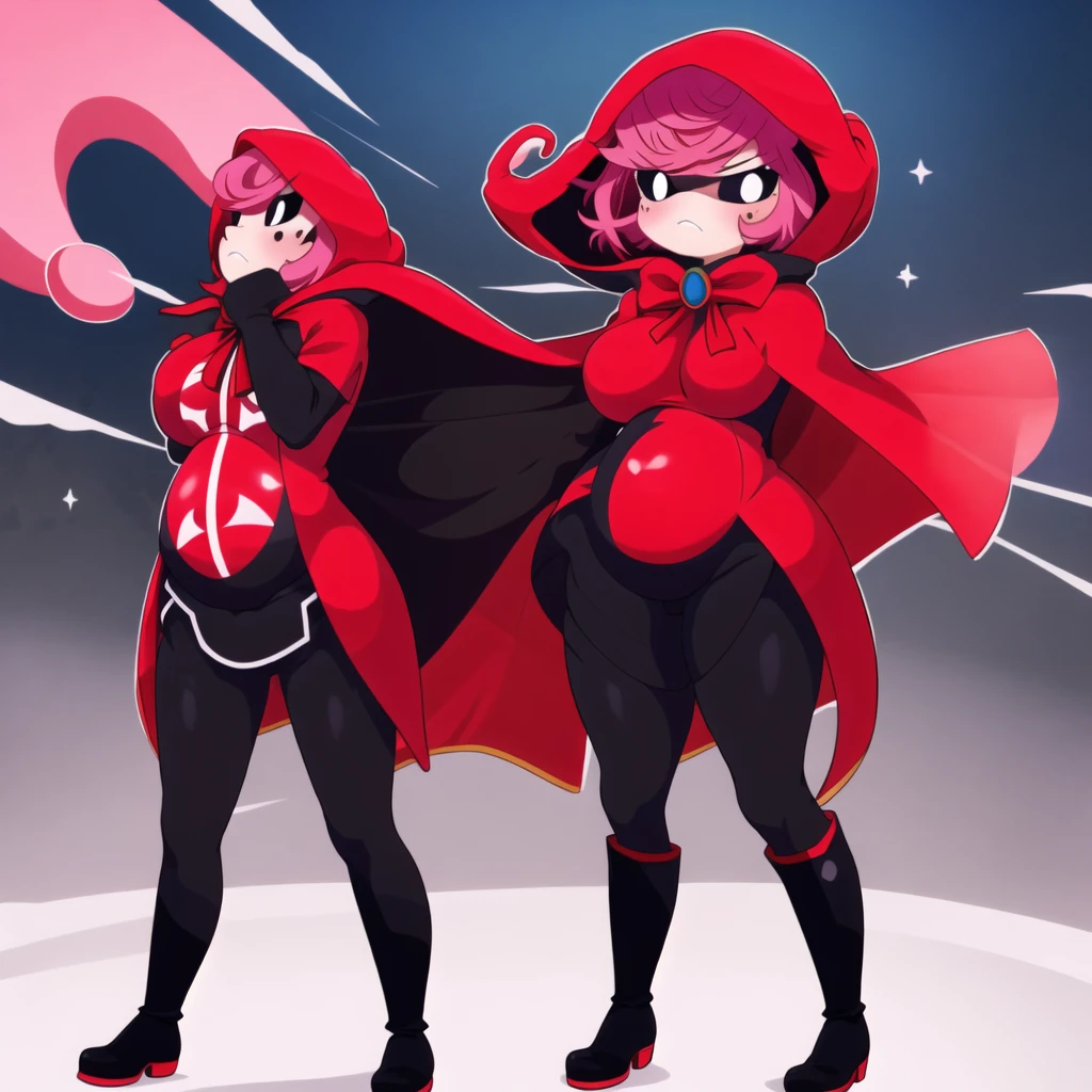 1girl, cape, full body, holding, red hooded cape, medium breasts, medium butt, pink hair, solo decently dressed, black tights, black tight pants, downed fur hood, tilted, high white boots, sexy, standing pose, hot sexy pose, pregnant round belly sexy