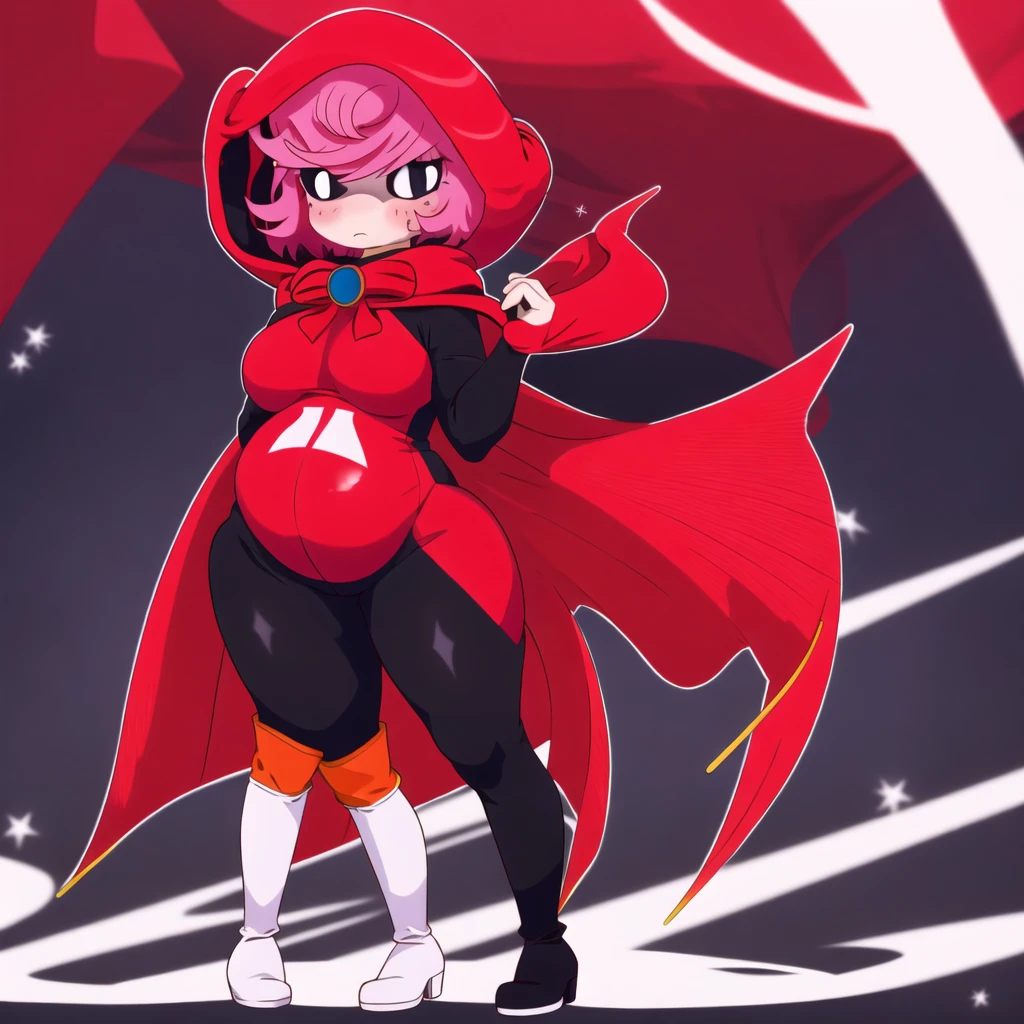 1girl, cape, full body, holding, red hooded cape, medium breasts, medium butt, pink hair, solo decently dressed, black tights, black tight pants, downed fur hood, tilted, high white boots, sexy, standing pose, hot sexy pose, pregnant round belly sexy