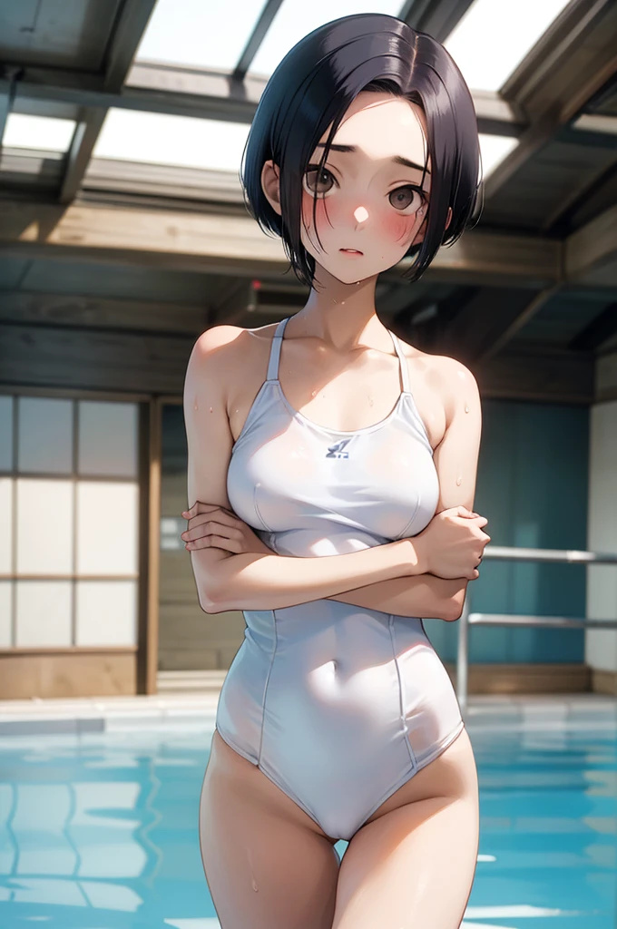  (masterpiece, best quality:1.2), (((anime style))), solo, 1girl, 15age, aarinko, short hair, dark blue hair, bob cut, (open forehead:1.0), (short hair with ear coverage:1.4),  asymmetry hair,  bashful, medium breasts, looking at viewer,  (full-face blush), embarrassed, BREAK, top-quality、Full limbs、complete fingers、Slender beauty、White knee-high、white school swim suit、Expression of distress、Pained face、Recurve the body、wriggling the body, Wet texture, reinopool, pool, indoors,