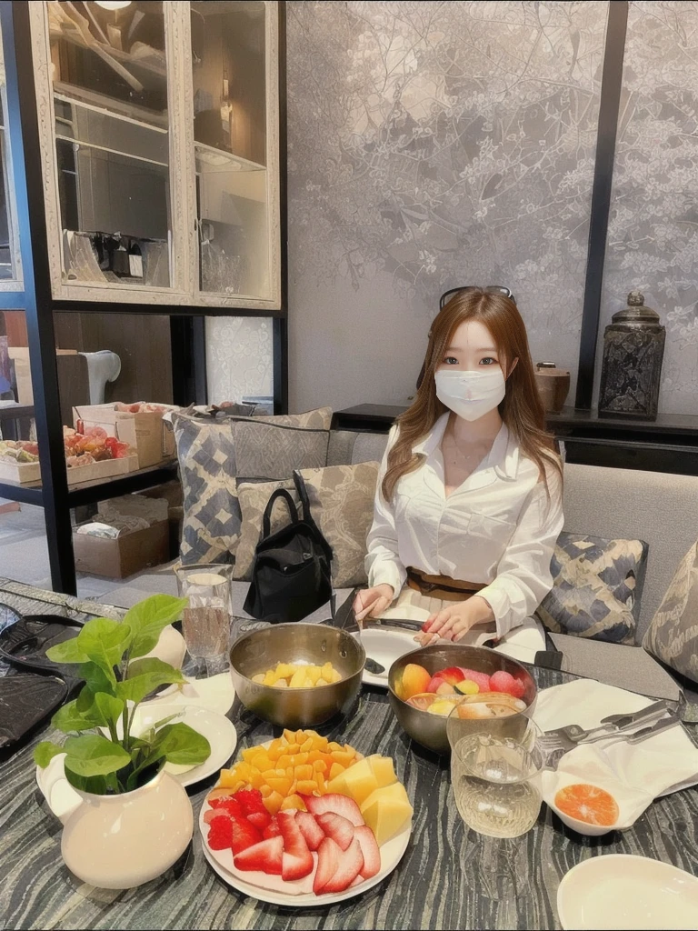 A woman sits at a table with a plate of fruit and wears a mask., Taken in 2 0 2 0, gorgeous woman, abcdefghijklmnopqrstuvwxyz, By Kambun Master, หญิงKorean girlที่งดงาม, By Emma Andijewska, By Rain Renfa, beautiful south korean women, Tumblr, Korean girl, lifestyle