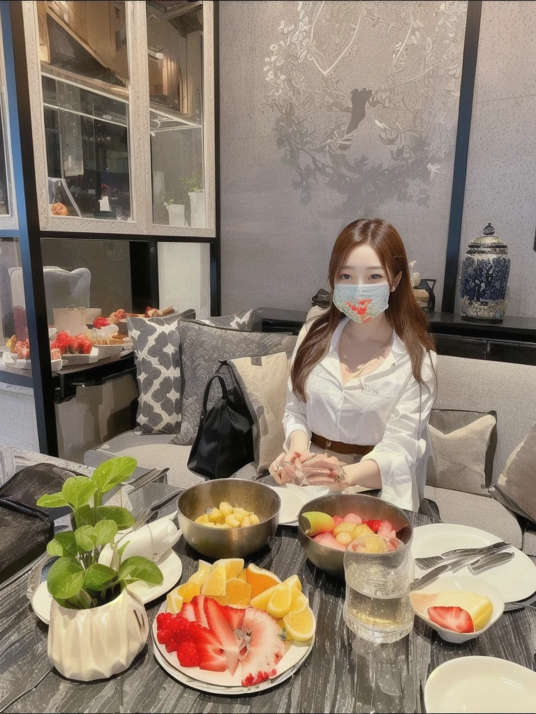 A woman sits at a table with a plate of fruit and wears a mask., Taken in 2 0 2 0, gorgeous woman, abcdefghijklmnopqrstuvwxyz, By Kambun Master, หญิงKorean girlที่งดงาม, By Emma Andijewska, By Rain Renfa, beautiful south korean women, Tumblr, Korean girl, lifestyle