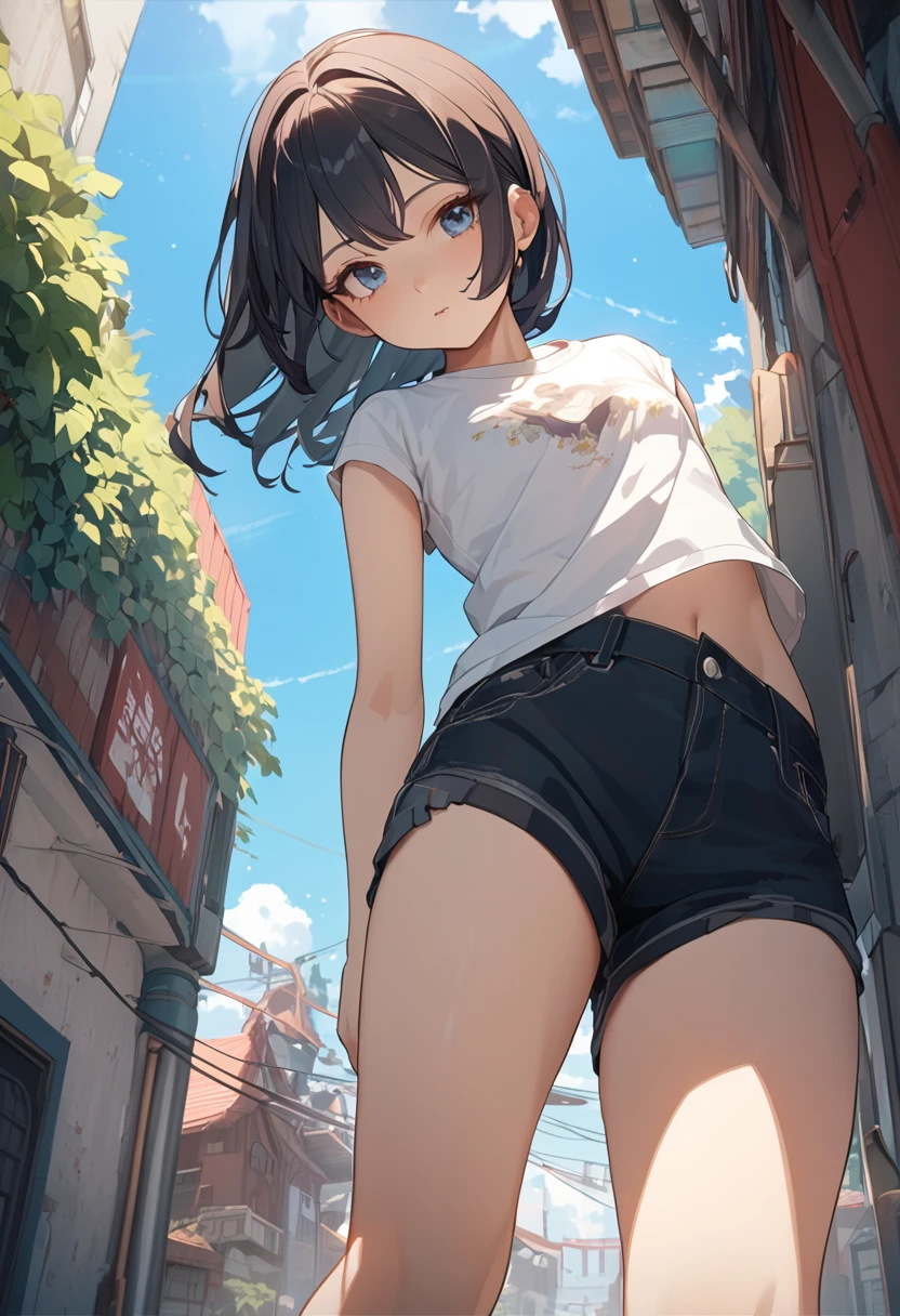 8k, highest quality, masterpiece, Wallpapers by Unity 8k, (One Girl) , 17 years old、1girl,、Flat Chest、Short T-shirt、under boob、from below, blue sky、Outdoor