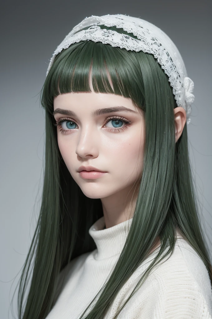 Rosto redondo.
Olhos verdes escuro e olhar marcante.
Cabelo escuro e longo
Branca como a neve.
