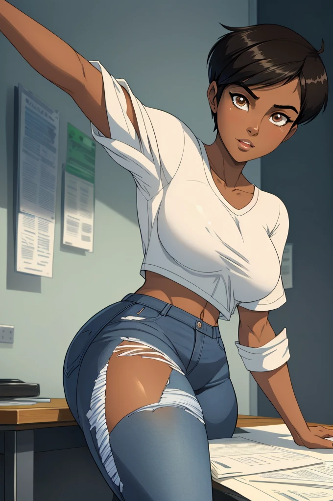 ((ultra quality)), ((masterpiece)), Lois Lane, ((black short hair tomboy hairstyle)), (Beautiful face), (beautiful female lips), (), charming, ((sexy facial expression)), looks at the camera, eyes slightly open, (Dark skin color), (dark skin), glare on the body, ((detailed beautiful female eyes)), ((dark brown eyes)), (juicy female lips), (dark eyeliner), (beautiful female hands), ((ideal female figure)), ideal female body, beautiful waist, gorgeous thighs, beautiful medium breasts, ((subtle and beautiful)), sexy worth (), (White shirt, Black jeans) background: office, ((depth of field)), ((high quality clear image)), (clear details), ((high detail)), realistically, professional photo session, ((Clear Focus)), anime, (flexible), jack-o' challenge, hands on ground, spread legs, facing the audience, ass up, (masterpiece,best quality:1.5
