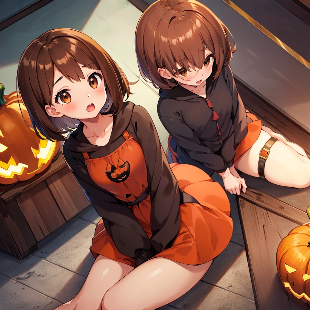 masterpiece, highest quality, High resolution, Gloria1, 1 Girl, Gloria\(Pokémon\), Brown Hair, , Brown Eyes, , Short Hair, , Bobcut, bangs, , 1Describe a girl carefully 1Girl Expression in love blush Open Mouth blush pumpkin Pumpkin Dresses Halloween In town