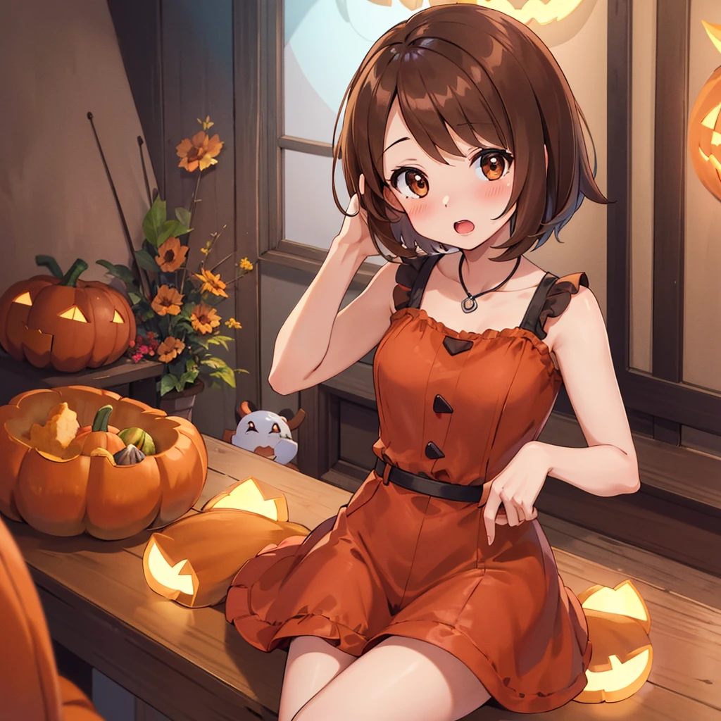 masterpiece, highest quality, High resolution, Gloria1, 1 Girl, Gloria\(Pokémon\), Brown Hair, , Brown Eyes, , Short Hair, , Bobcut, bangs, , 　１Describe a girl carefully　１Girl　Expression in love　blush　Open Mouth　blush　pumpkin　Pumpkin Dresses　Halloween　In town