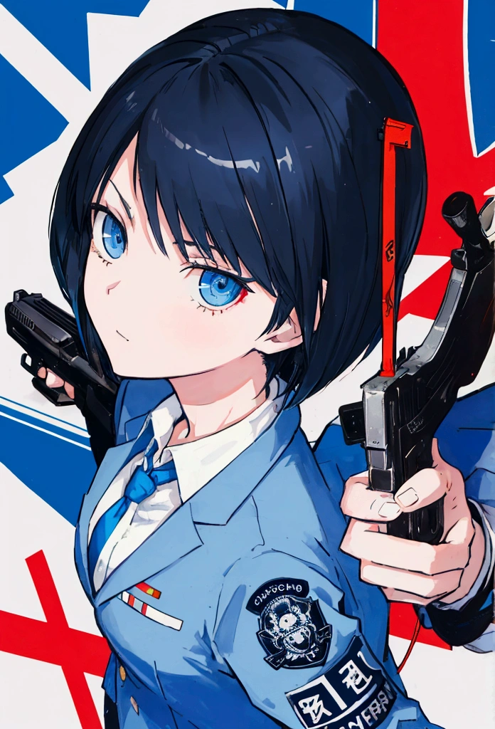 anime tall girl, officer, policewoman, tall girl, holding handgun, serius eyes, point the handgun to camera, above view, fine details, short hair, straight hair, White Shirt, blue blazer, thicc, 
shigenori soejima illustration, high quality fanart, portrait n - 9, 