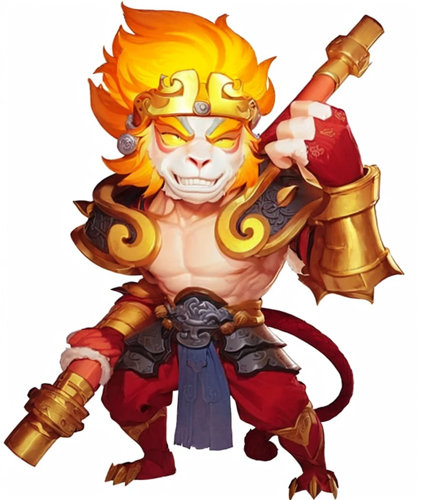 a cartoon image of a man with a sword and armor, sun wukong, wukong, monkey king, legendary god, god of the sun, ne zha from smite, asura from chinese myth, bian lian, fire monkey, 3D, Realistic, ultra quality, Beast, warrior plate, fluffy beast, chainmail, armor plate, upgrade armor, armored monkey