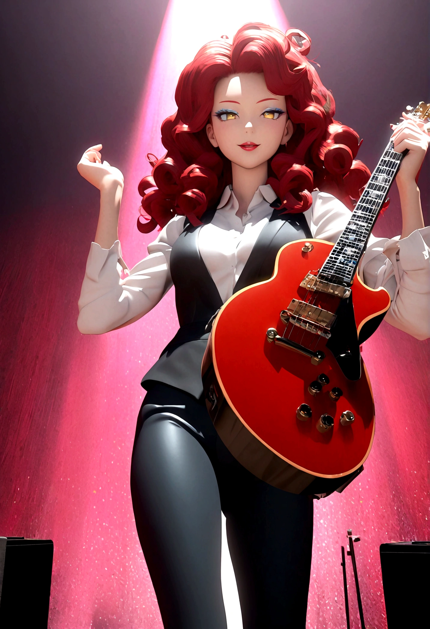 3D anime character,animate,real,1 girl,30 years old,glamorous,medium hair,((perm)),wavy hair,red hair,forehead,Voluminous curly hair,seductive smile,Light blue eyeshadow,red eyebrows,yellow eyes,tsurime,narrow eyes,half opend eyes,red lips,Confident expression,light smile,calm,black vest,white shirt,collared shirt,Unbutton the top button of shirt,black pants, BREAK standing,singing,play the red guitar,stage,The background features bold,colorful lettering and stage lights,capturing a lively,energetic performance