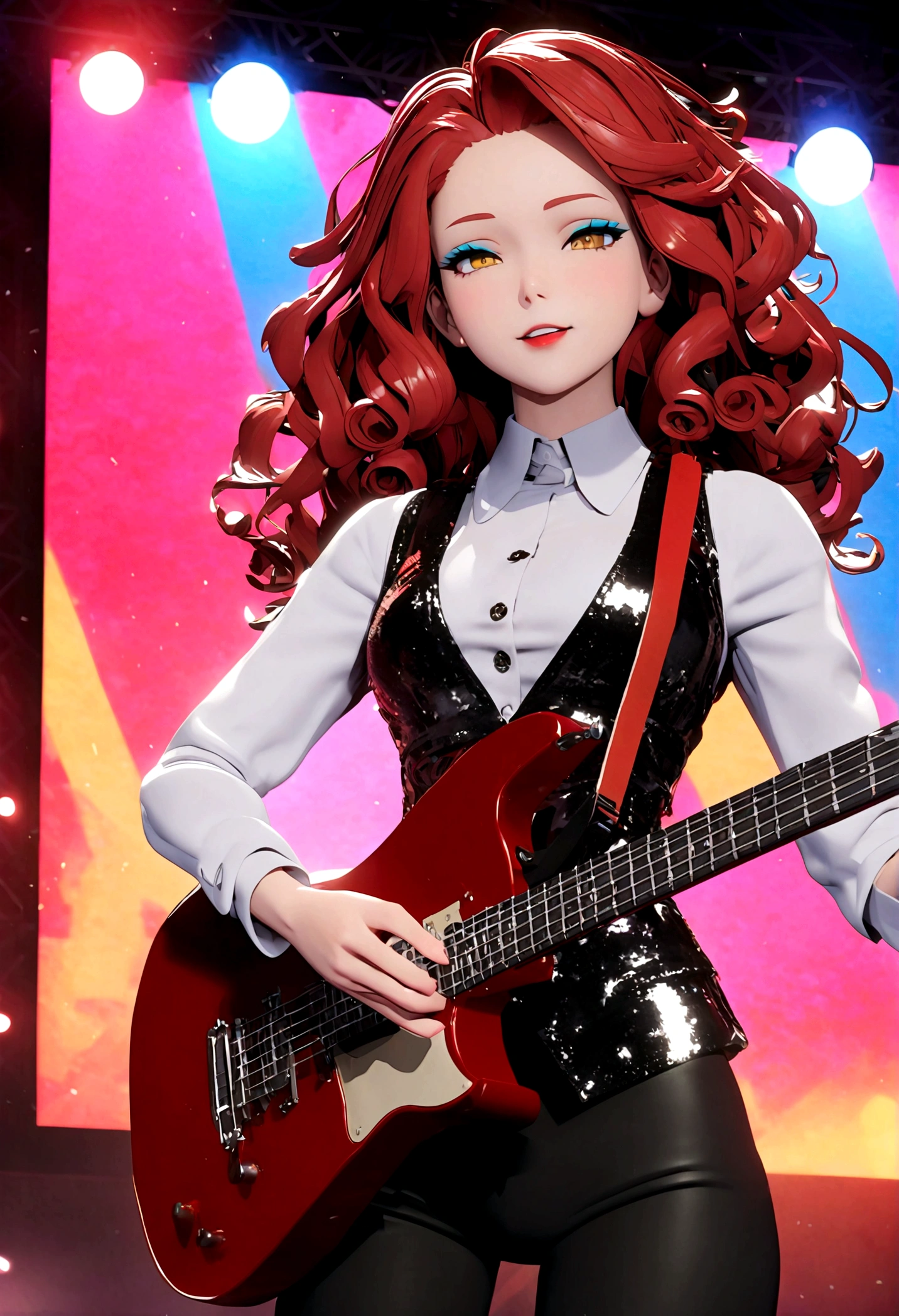 3D anime character,animate,real,1 girl,30 years old,glamorous,medium hair,((perm)),wavy hair,red hair,forehead,Voluminous curly hair,seductive smile,Light blue eyeshadow,red eyebrows,yellow eyes,tsurime,narrow eyes,half opend eyes,red lips,Confident expression,light smile,calm,black vest,white shirt,collared shirt,Unbutton the top button of shirt,black pants, BREAK standing,singing,play the red guitar,stage,The background features bold,colorful lettering and stage lights,capturing a lively,energetic performance