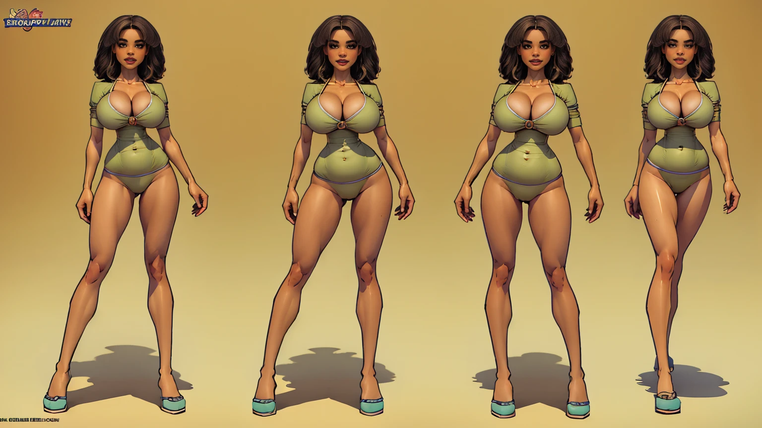 ((character concept art)), ((character design sheet, same character)),(full body view),multiple seductive pose,(best quality:1.4),(shiny skin), (cute face), (((best quality))), illustration, ((Beautiful Finger)), Beautiful body, Beautiful character design, ultra high res, highres,(Beautiful breasts), full body view, adult, milf, plump, chubby, brasilian butt, smile, seductive face, nice legs,((complex detailed background, beach, outside))