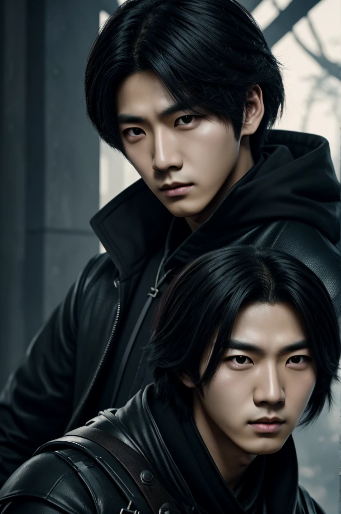 Based a on a picture of Park Gunwook from a KPOP group called Zerobaseone, Create a picture for an epic character of an assassin who looks cold with black hair, dark eyebrows, dark eyes