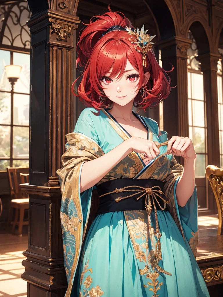 beautiful young woman, anime style, detailed face, red hair, red eyes, delicate features, soft lighting, wearing a stylish fantasy outfit, ready to go out, holding a small bag, standing in a beautifully decorated room, ornate furniture, magical elements, excited expression, dynamic pose, fantasy setting, Japanese anime style, high quality, highly detailed, 8k resolution, cinematic lighting, best quality, vibrant colors, Instagrammable, aesthetic, trendy